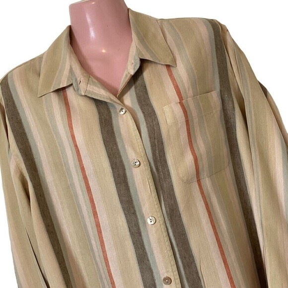 Talbots Shirt Blouse Womens Size M Beige Stripe Linen Blend Button Up - Picture 2 of 4